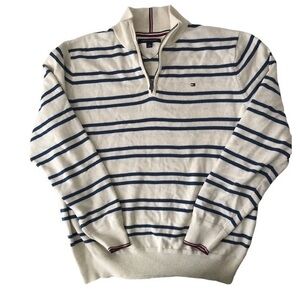 TOMMY HILFIGER Blue & Cream Stripes Long Sleeves Collared Sweatshirt in XL